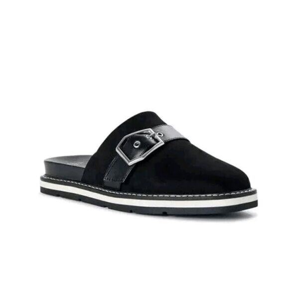 Size 9 Buckled Mule Slides Black Suede Comfort Flats Loafers Shoes - Picture 7 of 9